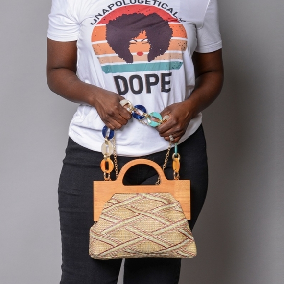 Multi Khaki Lattice Pattern Woven Clutch Bag (10.5"x3"x7") Wooden Handle Drop - Picture 5 of 13